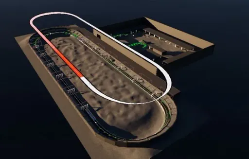 Supervolito overhead blockout screenshot of the Ovaltine race track, showing a compact oval-style route with white spline lines, a red track segment, sandy terrain, and adjacent arena space.
