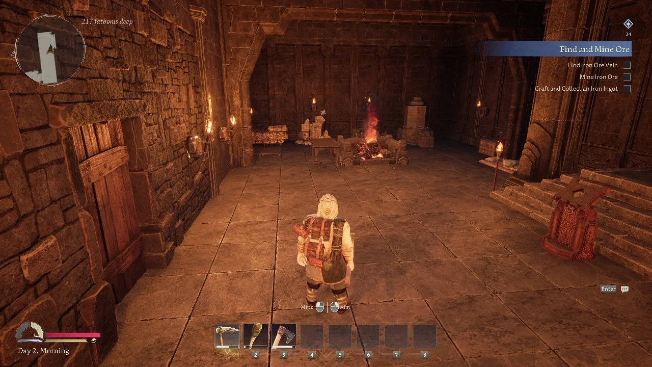 The Lord of the Rings: Return to Moria early gameplay screenshot showing a dwarf inside a torch-lit stone hall during the Find and Mine Ore objective.
