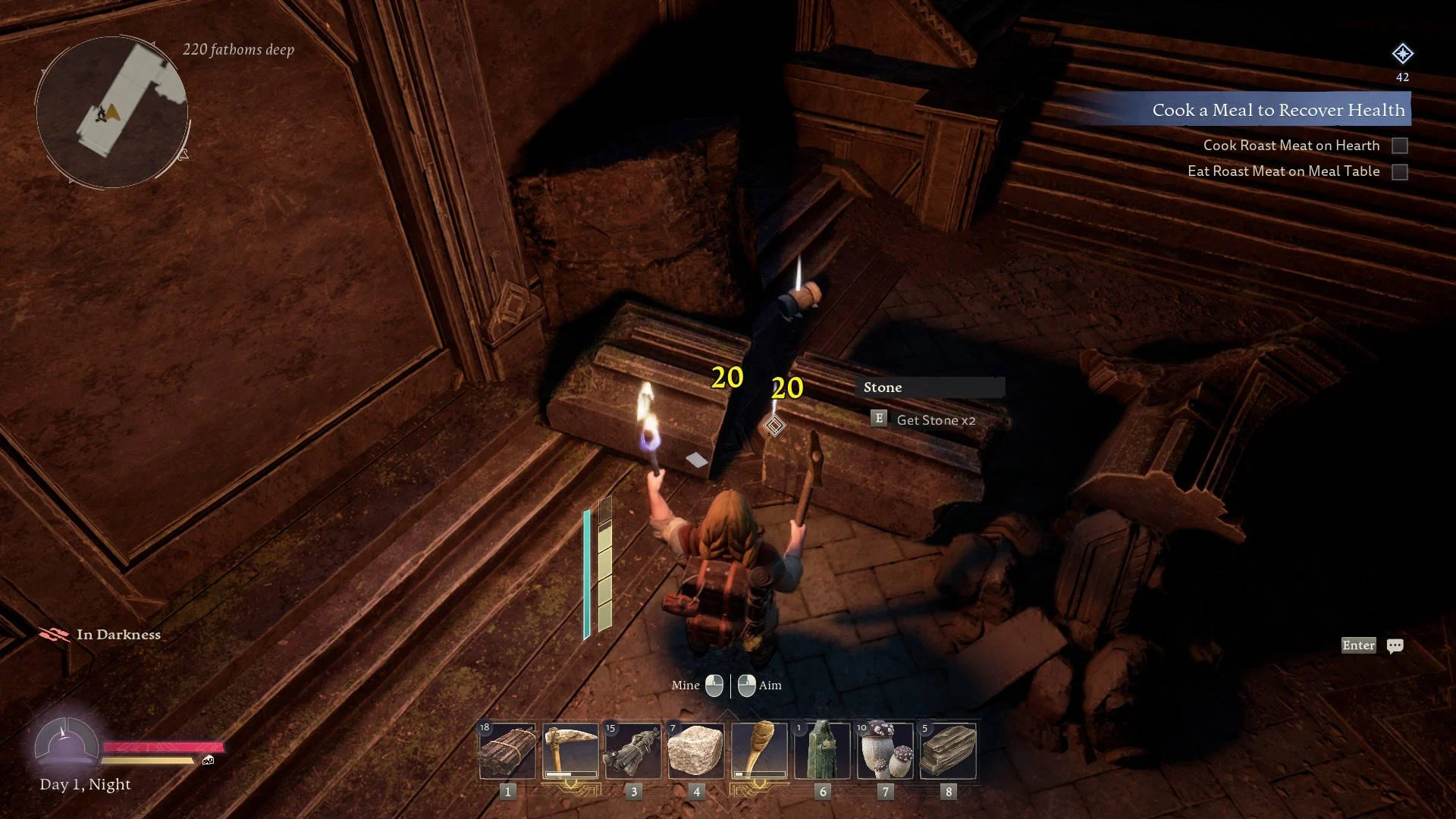 The Lord of the Rings: Return to Moria gameplay screenshot showing a dwarf mining stone at night by torchlight while the Cook a Meal to Recover Health objective is active.