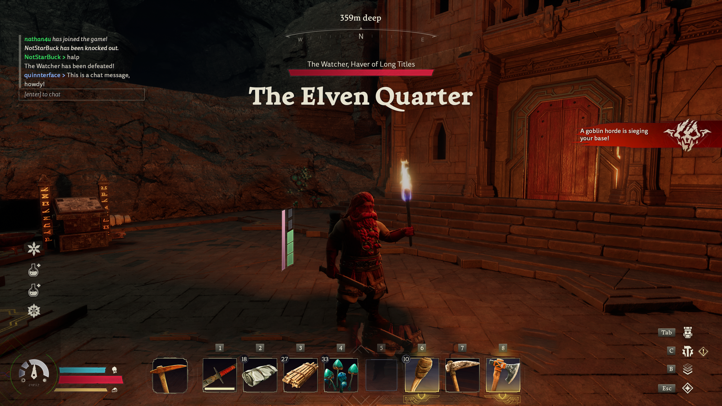 The Lord of the Rings: Return to Moria multiplayer gameplay screenshot in The Elven Quarter, showing a dwarf holding a torch outside a large red door while a goblin horde siege alert is active.