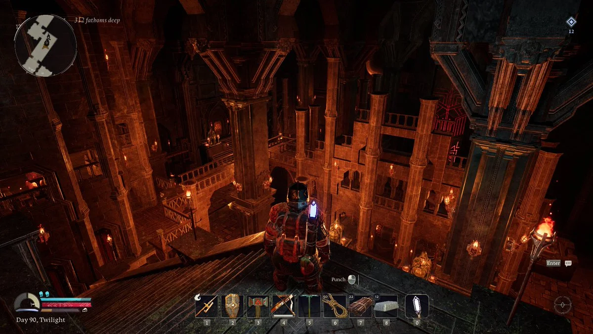 The Lord of the Rings: Return to Moria screenshot overlooking a massive torch-lit dwarven ruin, showing vertical halls, stone pillars, balconies, and deep underground architecture.