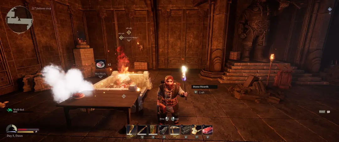 The Lord of the Rings: Return to Moria gameplay screenshot showing a dwarf beside a meal table and stone hearth, with cooked food ready and warm firelight filling the underground camp.