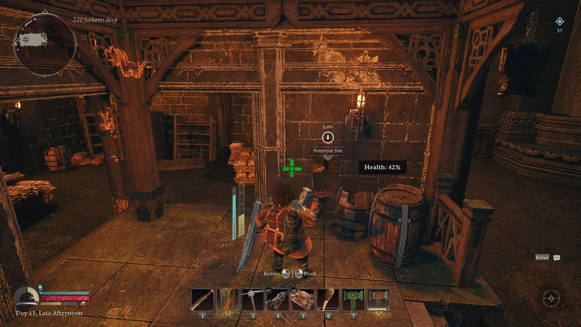 The Lord of the Rings: Return to Moria base-building screenshot showing a dwarf repairing a structure at a Potential Site, with a visible health percentage and restoration controls.