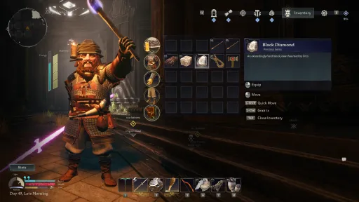 The Lord of the Rings: Return to Moria inventory screenshot showing a dwarf holding a glowing torch and weapon, with the inventory open and a Black Diamond precious gem selected.
