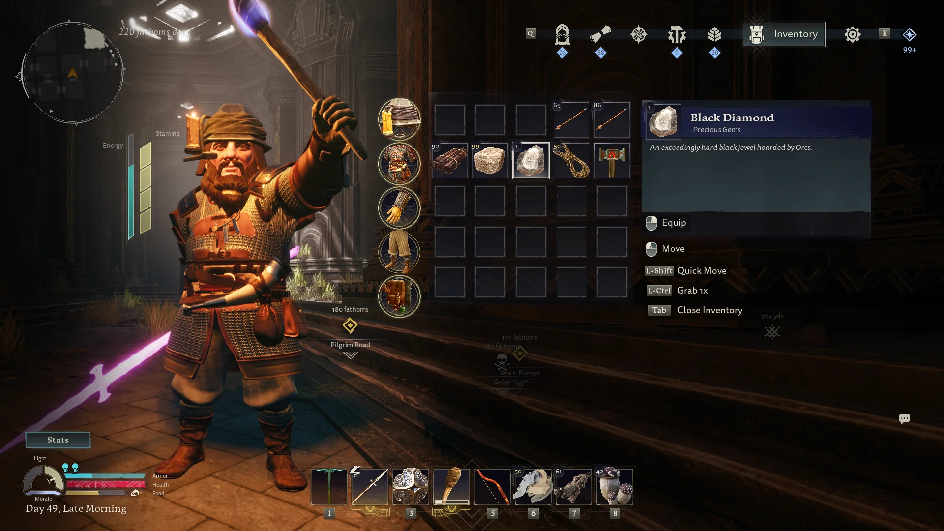 The Lord of the Rings: Return to Moria inventory screenshot showing a dwarf holding a glowing torch and weapon, with the inventory open and a Black Diamond precious gem selected.