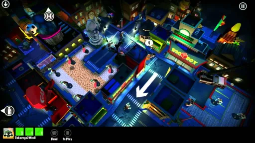 Zombies!!! Video Game gameplay screenshot showing the digital board-game city from an overhead view, with zombies, player pieces, streets, buildings, and movement options highlighted.