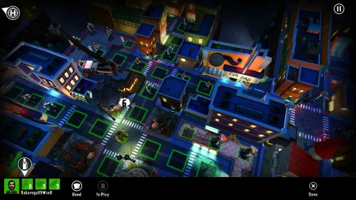 Zombies!!! Video Game gameplay screenshot showing a large overhead city board with glowing movement tiles, zombie figures, player tokens, and the Helipad building area visible.