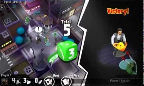 Zombies!!! Video Game combat result screenshot showing a dice roll total of 5 and a victory scene where the survivor defeats a zombie.