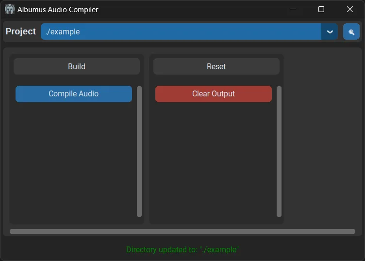 The Albumus Audio Compiler interface, showing the selected project path and two primary actions: Compile Audio and Clear Output.